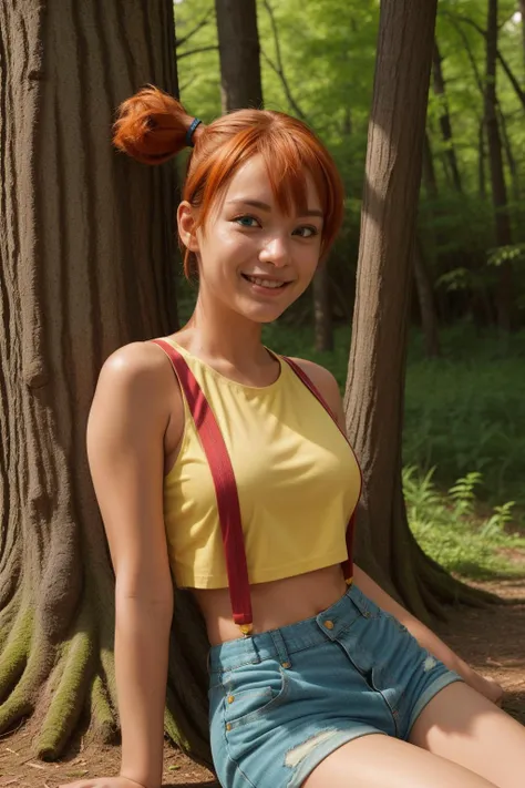 pkmnmisty, 1girl, solo, blue eyes, orange hair, short hair, side ponytail, bangs, hair tie,
yellow shirt, crop top, sleeveless, suspenders, short shorts,
smile,closed mouth,cowboy shot,sitting,
forest,outdoor,
(insanely detailed, beautiful detailed face, masterpiece, best quality) cinematic lighting,<lora:PKMN_Misty_v2:1>, <lora:more_details:0.3>, <lora:picxer_real:1> <lora:epiCRealismHelper:1>