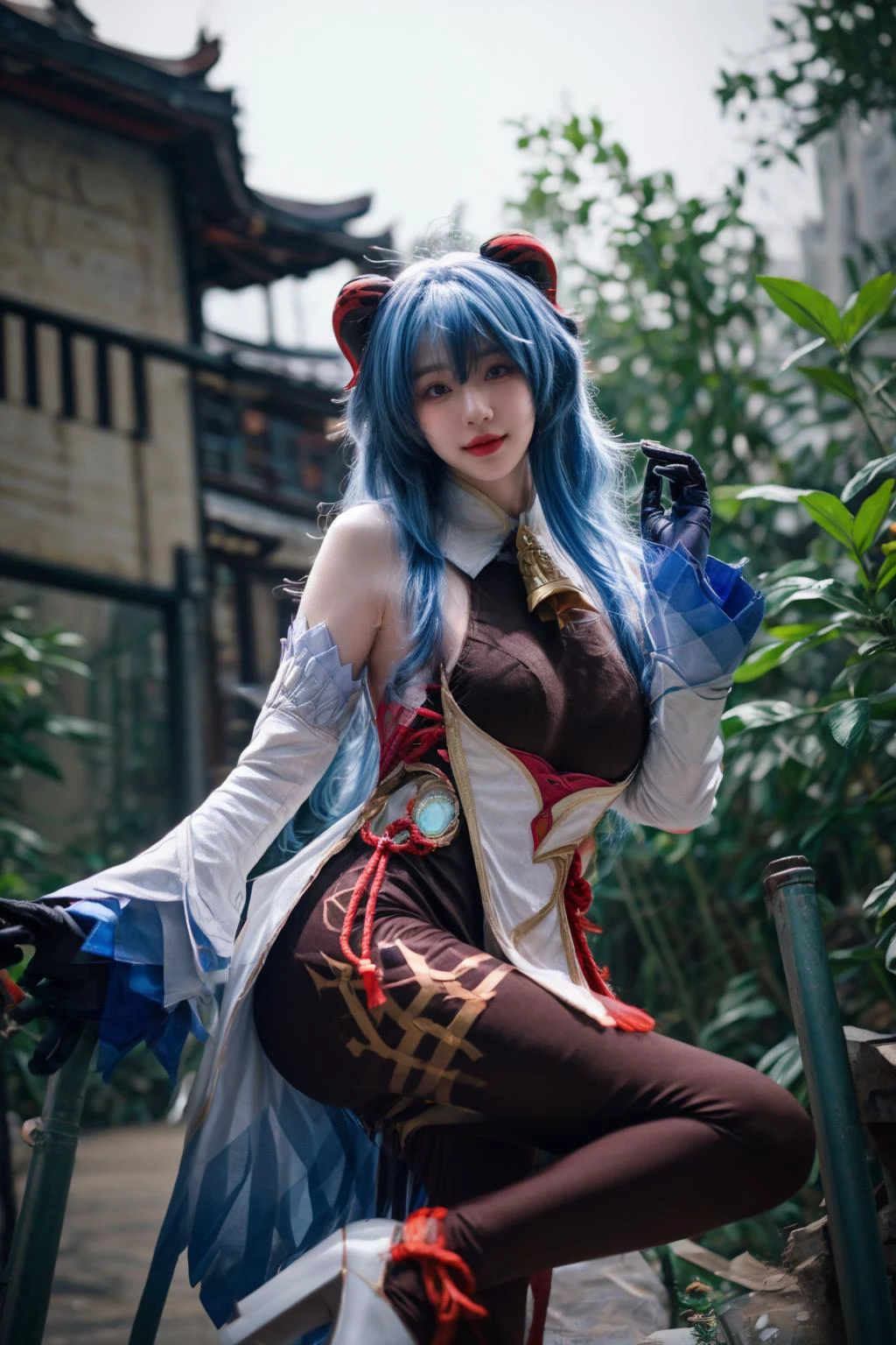 panini projection,one sexy girl, super model,large breasts, hanging breasts, thin waist,(skinny:1.1),
ganyu cosplay costume, cosplay, blue hair, long hair, horns, bangs, ahoge, sidelocks, tight, black bodysuit, body stocking, detached sleeves, gloves, neck bell, chinese knot, tassel, white high heels,
outdoors,Abandoned building,overgrown,
depth of field, nature light,sunlight,(cinematic lighting), glow lighting,
ethereal, dreamlike quality, epiCPhoto,
<lora:pytorch_lora_weights:0.5>,
<lora:breastsizeslideroffset:0.2>,
<lora:nagachichiD:0.6>,
<lora:picxer_real:0.7>,
<lora:more_details:0.6>,
<lora:genshin_Ganyu_cosplay_v1:0.75>