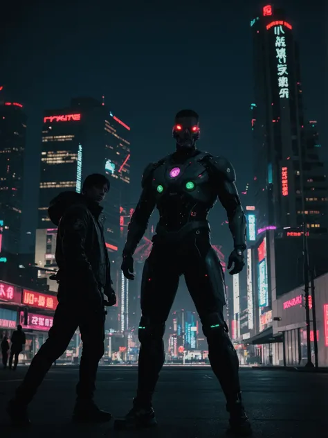 cyberpunk, action shot, dynamic, [art by Bill Medcalf| Masaaki Sasamoto], concept art, cyborg well-endowed (2 men:1.1) , background is night city, neon-lit, Gardening, Clear skies, Anime, Depth of field 100mm, Velvia, cityscape, BW, neon hue, shadowrun <lora:picxer_bside:1.5>, slate atmosphere, cinematic, dimmed colors, dark shot, muted colors, film grainy, lut, spooky