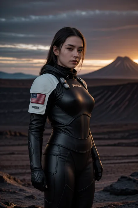 female space marine, in the diffused light of an overcast day, volcanic landscape with lava flows in background. Award-winning, professional, highly detailed. <lora:picxer_real:0.7>, (HDR, High Dynamic Range, vibrant colors, high contrast, detailed, UltraHD, 8K, cinematic, 80mm, high detail)