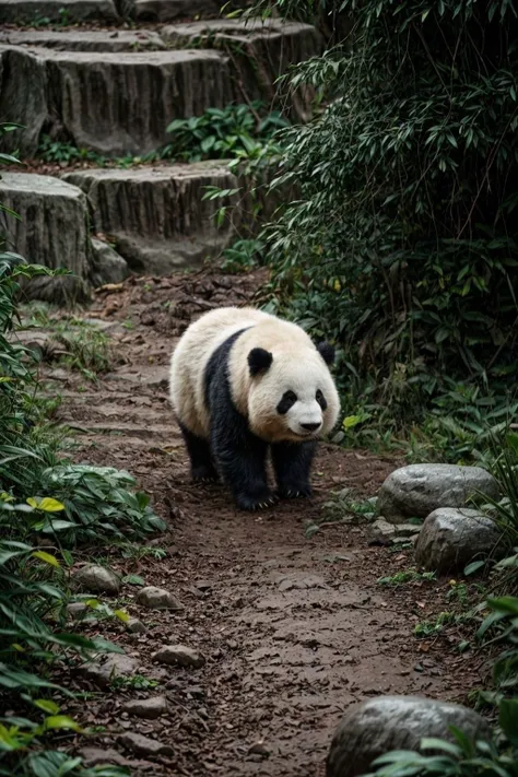 a giant panda is walking, soft lighting, film grain, full body, epiCPhoto, <lora:pytorch_lora_weights:0.5>, <lora:picxer_real:0.7>, <lora:more_details:0.6>