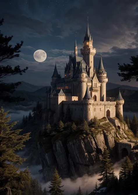 a castle sitting on the mountain surrounding by the trees, foggy, dark night, moon and clear sky, (masterpiece),((ultra-detailed)), (highly detailed CG illustration),(expressionless), (best quality:1.2), High quality texture, intricate details, detailed texture, High quality shadow, <lora:add_detail:0.5>, <lora:GoodHands-vanilla:1>, <lora:detailed_notrigger:0.7>,  <lora:picxer_real:0.7>