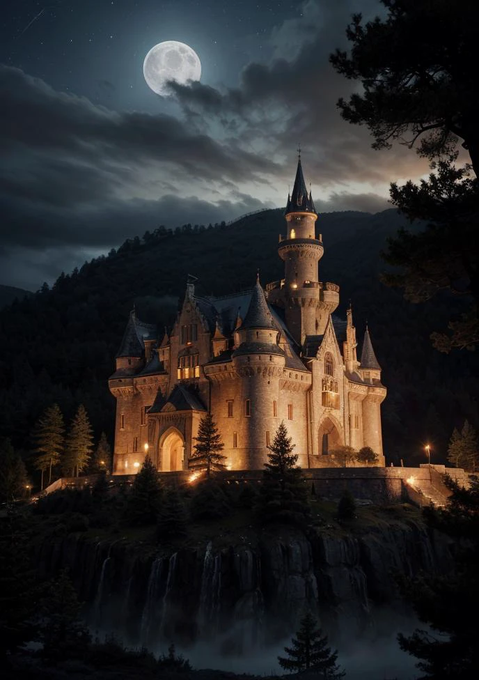 a castle sitting on the mountain surrounding by the trees, foggy, dark night, moon and clear sky, (masterpiece),((ultra-detailed)), (highly detailed CG illustration),(expressionless), (best quality:1.2), High quality texture, intricate details, detailed texture, High quality shadow, <lora:add_detail:0.5>, <lora:GoodHands-vanilla:1>, <lora:detailed_notrigger:0.7>, <lora:picxer_real:0.7>