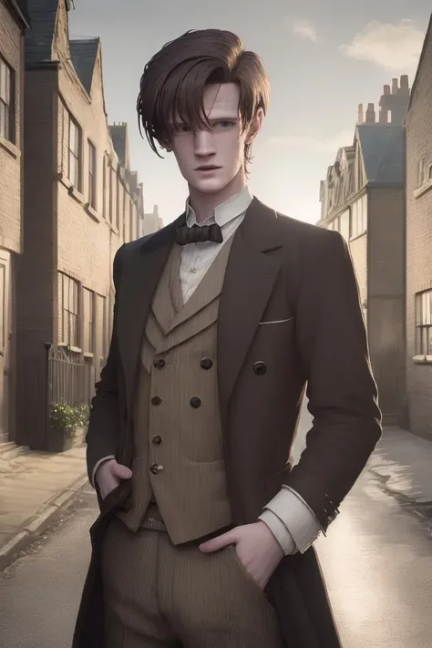 younger <lora:Matt Smith:0.7>ma77sm1 as Matt Smith, Victorian street in the background, 8k, doctor who style