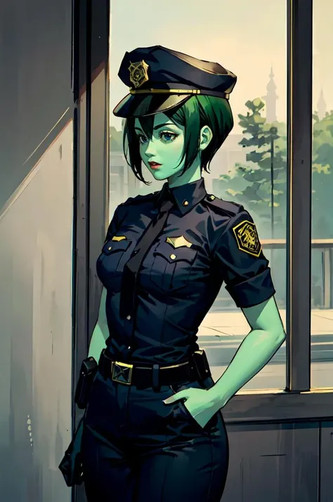 ultra detailed, masterpiece, best quality, solo,
<lora:D0tMatrix_v2:0.4> D0tMatrix, green skin, dark green hair, black hair, <lora:uniform_20230808200238:0.5> uniform11,police uniform,hat