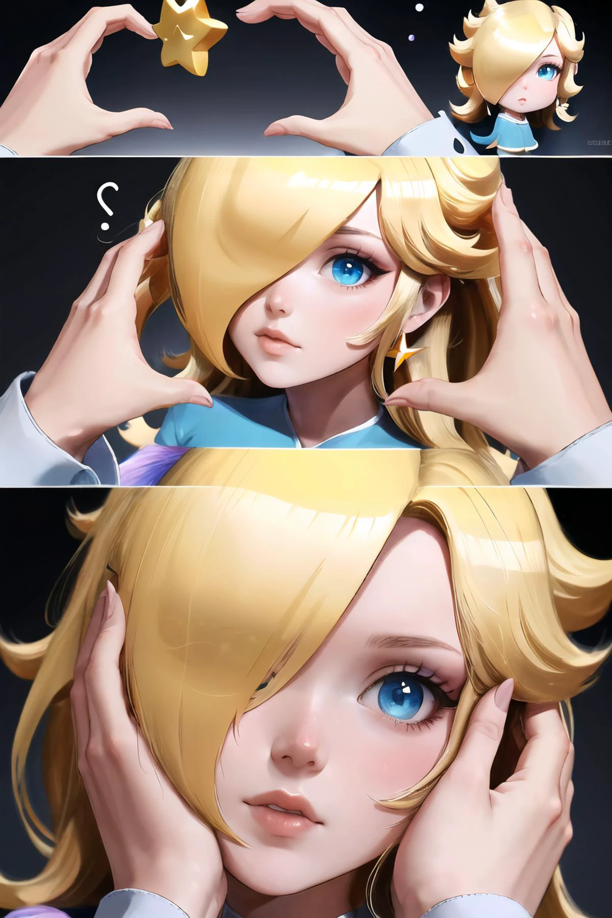 Highly detailed, High Quality, Masterpiece, beautiful, IncrsSnootChallenge, comic, pov hands, <lora:SnootChallenge:1>, Rosalina, hair over one eye, <lora:Char_MarioSeries_Rosalina:0.8>