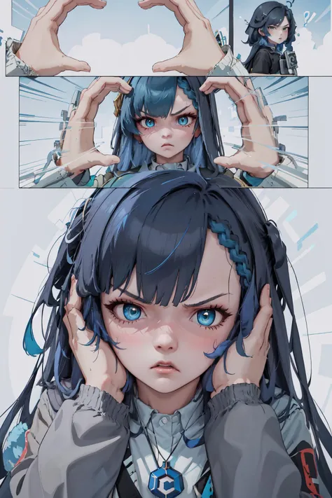 High Quality, Masterpiece, 1girl, <lora:gijinkaseries_civitai-18:0.85>, civitai-chan, braided bangs, necklace, IncrsSnootChallenge, comic, pov hands, <lora:Pos_SnootChallenge:1>, angry, annoyed, blue hair, black hair,