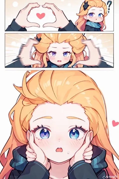 masterpiece,best quality,zoe \(lol\), 1girl,
, (disheveled hair),forehead,zoe,long hair,blue and purple  eyes,[orange hair:blonde hair], 
IncrsSnootChallenge,comic, pov hands
