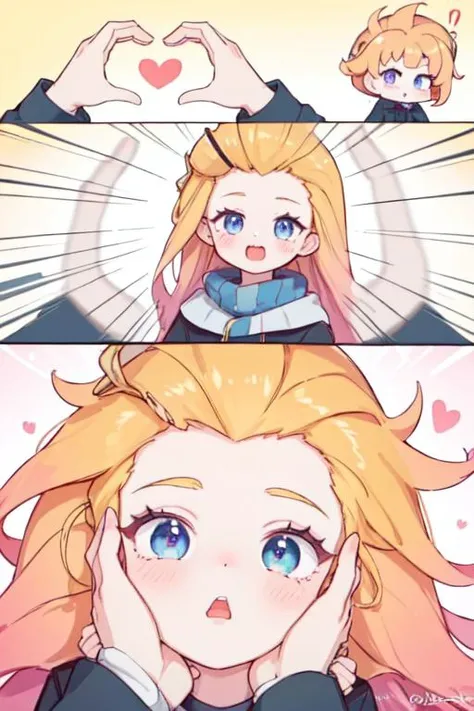 masterpiece,best quality,zoe \(lol\), 1girl,
, (disheveled hair),forehead,zoe,long hair,blue and purple  eyes,[orange hair:blonde hair], 
IncrsSnootChallenge,comic, pov hands