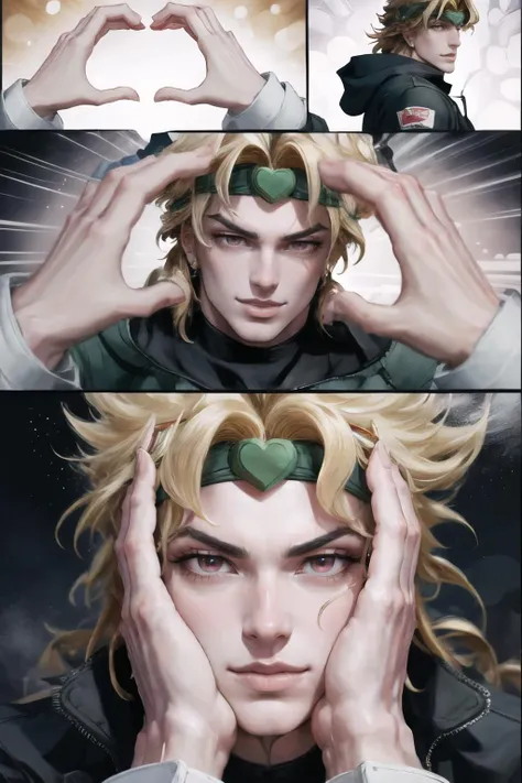 Highly detailed, High Quality, Masterpiece, beautiful, IncrsSnootChallenge, comic, pov hands, <lora:SnootChallenge:1>, dio, jacket, headband, <lora:Char_Sigmas_Dio:0.9>