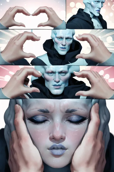 Highly detailed, High Quality, Masterpiece, beautiful, IncrsSnootChallenge, comic, pov hands, <lora:SnootChallenge:1>, Handsome-squidward, blue skin, blue, pink lips, <lora:Char_Sigmas_HandsomeSquidward:0.9>,, edgOrgasm, face focus, <lora:Expression_OrgasmingFace:1>, closed eyes, open mouth, blush, 1boy,