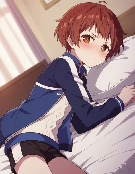 score_9, score_8_up, score_7_up, source_anime,
isamihijikata, <lora:isami-hijikata-movie-ponyxl-lora-nochekaiser:1>,
isami hijikata, short hair, brown hair, brown eyes,
jacket, shorts, black shorts, blue jacket, open clothes,
indoors, bed, bed room, on side, blush, drunk,
solo, dutch angle, looking at viewer, cowboy shot,