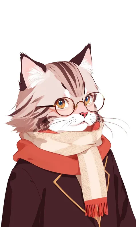 jypm, flat design, cat, white fur, short fur, gold-rimmed glasses, audience-oriented, colorful scarf,touxiang, whiskers, cool <lora:fgbp:1>, ((masterpiece)), ((best quality)), 8k, high detailed, ultra-detailed,