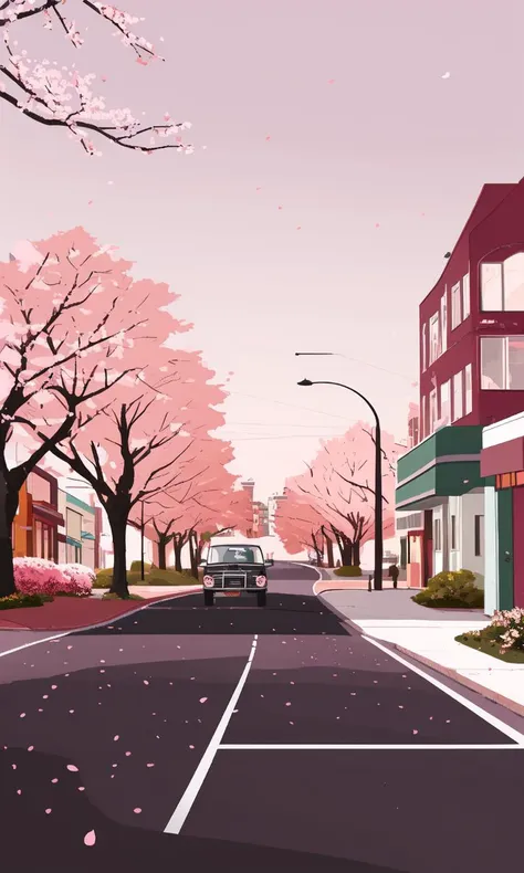 jypm, flat design, no humans, road, motor vehicle, car, ground vehicle, tree, street, outdoors, building, window, cherry blossoms, scenery, <lora:fgbp:1>, ((masterpiece)), ((best quality)), 8k, high detailed, ultra-detailed,