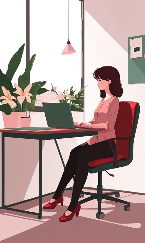 jypm, flat design, 1girl, laptop, working, full body, sitting, office, flowers,, <lora:fgbp:1>, ((masterpiece)), ((best quality)), 8k, high detailed, ultra-detailed,