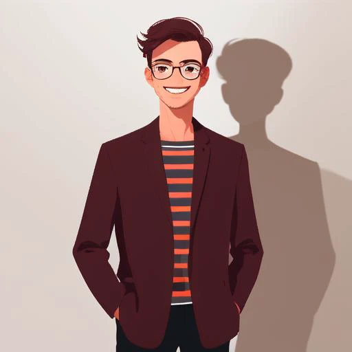 jypm, flat design, 1boy, male focus, hands in pockets, smile, glasses, striped, silhouette, striped shirt, solo, sunglasses, shadow, shirt, <lora:fgbp:1>, ((masterpiece)), ((best quality)), 8k, high detailed, ultra-detailed,