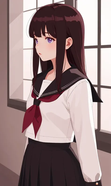 jypm, flat design,Exquisite visuals, high-definition, (ultra detailed), finely detail, ((solo)),1girl, school_uniform, serafuku, long_hair, solo, purple_eyes, sailor_collar, window, neckerchief, long_sleeves, bangs, chitanda_eru, black_hair, black_sailor_collar, shirt, <lora:fgbp:1>, ((masterpiece)), ((best quality)), 8k, high detailed, ultra-detailed,