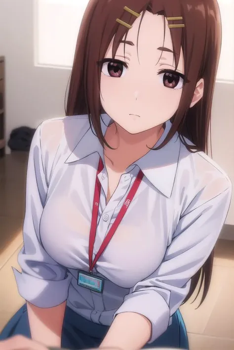 megumichihaya, <lora:megumi chihaya s1-lora-nochekaiser:1>,
megumi chihaya, long hair, brown hair, hair ornament, (brown eyes:1.5), hairclip,
BREAK skirt, shirt, white shirt, blue skirt, office lady, id card, lanyard,
BREAK indoors, office,
BREAK looking at viewer, (cowboy shot:1.5),
BREAK <lyco:GoodHands-beta2:1>, (masterpiece:1.2), best quality, high resolution, unity 8k wallpaper, (illustration:0.8), (beautiful detailed eyes:1.6), extremely detailed face, perfect lighting, extremely detailed CG, (perfect hands, perfect anatomy),