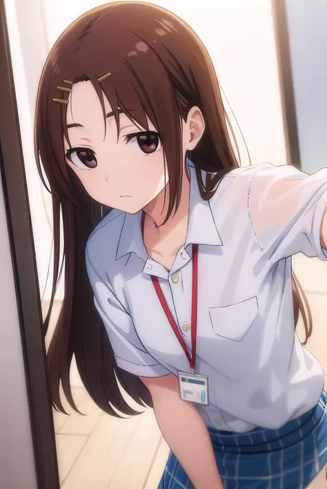 megumichihaya, <lora:megumi chihaya s1-lora-nochekaiser:1>,
megumi chihaya, long hair, brown hair, hair ornament, (brown eyes:1.5), hairclip,
BREAK skirt, shirt, white shirt, blue skirt, office lady, id card, lanyard,
BREAK indoors, office,
BREAK looking at viewer, (cowboy shot:1.5),
BREAK <lyco:GoodHands-beta2:1>, (masterpiece:1.2), best quality, high resolution, unity 8k wallpaper, (illustration:0.8), (beautiful detailed eyes:1.6), extremely detailed face, perfect lighting, extremely detailed CG, (perfect hands, perfect anatomy),