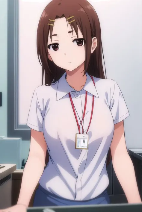 megumichihaya, <lora:megumi chihaya s1-lora-nochekaiser:1>,
megumi chihaya, long hair, brown hair, hair ornament, (brown eyes:1.5), hairclip,
BREAK skirt, shirt, white shirt, blue skirt, office lady, id card, lanyard,
BREAK indoors, office,
BREAK looking at viewer, (cowboy shot:1.5),
BREAK <lyco:GoodHands-beta2:1>, (masterpiece:1.2), best quality, high resolution, unity 8k wallpaper, (illustration:0.8), (beautiful detailed eyes:1.6), extremely detailed face, perfect lighting, extremely detailed CG, (perfect hands, perfect anatomy),