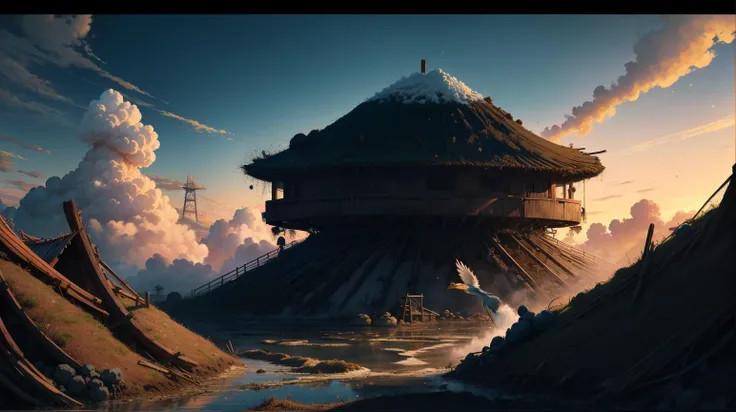 Black background, masterpiece, top quality, best quality, official art, beautiful and aesthetic:1.2),(8k, best quality, masterpiece:1.2), <lora:CGgamebuilding gsw_20230706164254:0.6>,CGgamebuilding gsw, no humans, building, window, traditional media, house, in Mud Volcano, Bubbling mud pools, a heron hunting near the sulfurous fumes