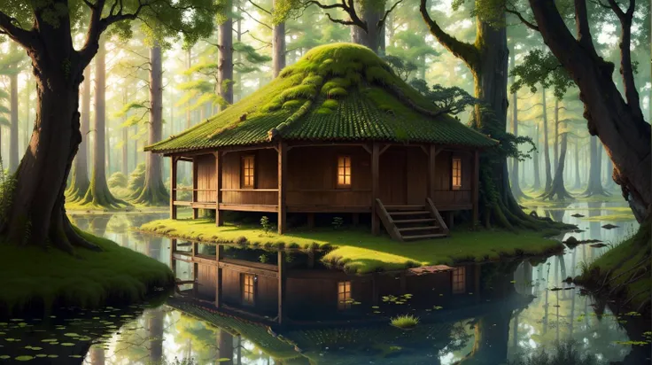 Black background, masterpiece, top quality, best quality, official art, beautiful and aesthetic:1.2),(8k, best quality, masterpiece:1.2), <lora:CGgamebuilding gsw_20230706164254:0.6>,CGgamebuilding gsw, no humans, building, window, traditional media, house, in Cypress Dome, Swamp with cypress trees, reflections dancing in the dark water under a moss-hung canopy