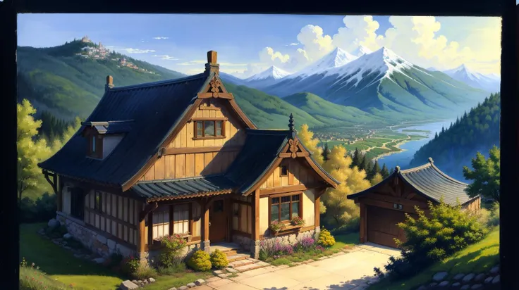 Black background, masterpiece, top quality, best quality, official art, beautiful and aesthetic:1.2),(8k, best quality, masterpiece:1.2), <lora:CGgamebuilding gsw_20230706164254:0.6>,CGgamebuilding gsw, no humans, building, window, traditional media, house, in Foothill, Gentle slopes at the base of mountains, ancient structures in the background