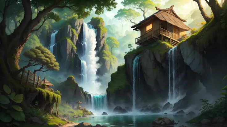 Black background, masterpiece, top quality, best quality, official art, beautiful and aesthetic:1.2),(8k, best quality, masterpiece:1.2), <lora:CGgamebuilding gsw_20230706164254:0.6>,CGgamebuilding gsw, no humans, building, window, traditional media, house, in Rainforest, Dense jungle with rope bridges, spectactular waterfalls and geysers