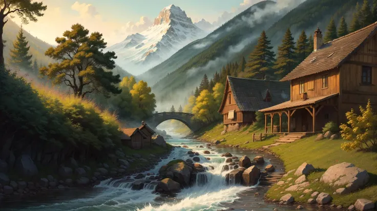 Black background, masterpiece, top quality, best quality, official art, beautiful and aesthetic:1.2),(8k, best quality, masterpiece:1.2), <lora:CGgamebuilding gsw_20230706164254:0.6>,CGgamebuilding gsw, no humans, building, window, traditional media, house, in River, Rushing water with river stones, an otter playfully sliding down the bank