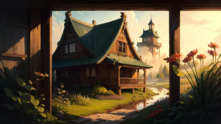 Black background, masterpiece, top quality, best quality, official art, beautiful and aesthetic:1.2),(8k, best quality, masterpiece:1.2), <lora:CGgamebuilding gsw_20230706164254:0.6>,CGgamebuilding gsw, no humans, building, window, traditional media, house, in Sundew Bog, Wetland with carnivorous plants, a dew-laden landscape under the morning sun