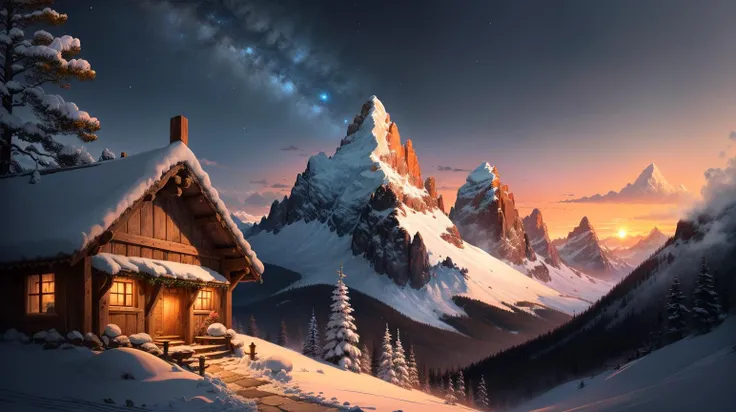 Black background, masterpiece, top quality, best quality, official art, beautiful and aesthetic:1.2),(8k, best quality, masterpiece:1.2), <lora:CGgamebuilding gsw_20230706164254:0.6>,CGgamebuilding gsw, no humans, building, window, traditional media, house, in Mountain, Rocky terrains with snow-capped peaks, an alpenglow on a tranquil morning