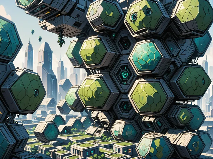 digital painting, scifi city full of bipedal insectoid aliens and various buildings made of tesselated hex pods<lora:EnvyHexXL01:1.05><lora:EnvyBetterHiresFixXL01:0:hr=1>