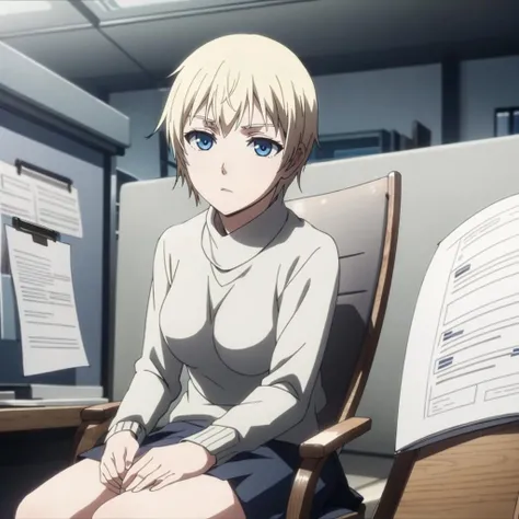 high quality,solo,indoors,
<lora:ElenaBaburin001:0.7>,
ElenaBaburin,1woman,blue eyes,
sweater,skirt,
desk,chair,documents,sit,