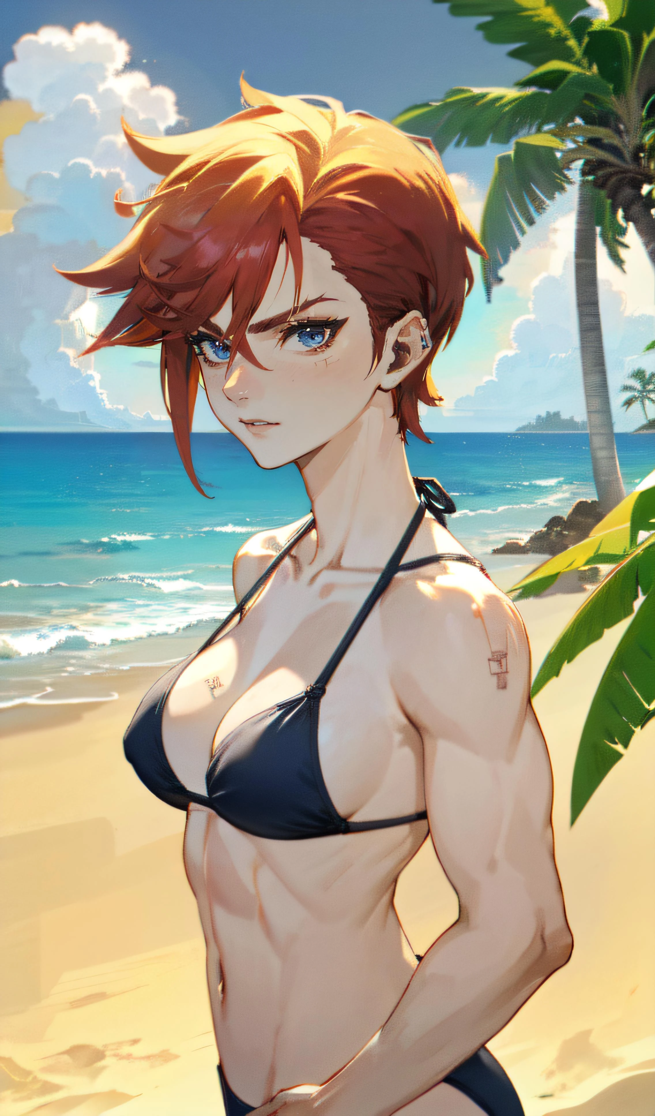 1girl,abs,upperbody,(big breasts, bikini), close shot,red hair,(undercut), angry, evil smile, looking at viewer, piercings,blue eyes,scars,viarcane,(beach, palm tree, ocean, sunny, warm colors, cloudy, beautiful:1.3),(front pose), <lora:viarcane:1.4>, (masterpiece, best quality, high quality, official_art, absurdres, highres), 60mm lens, bloom, depth of field, light particles, cinematic