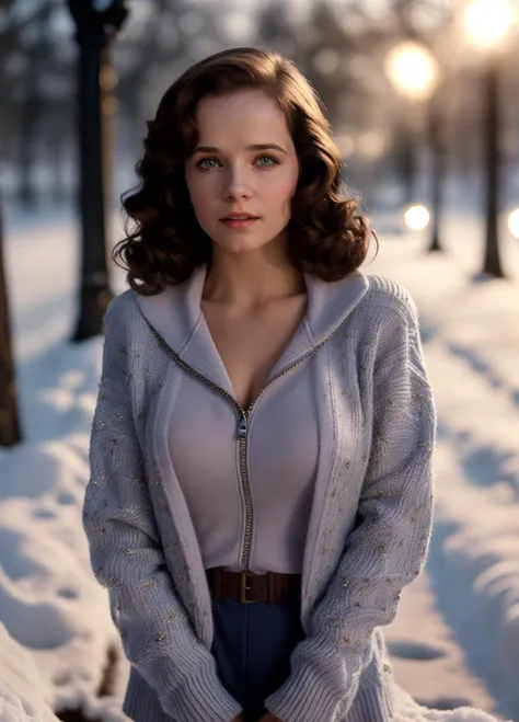 <lora:backtothefuture_lorraine_lora_smf_01:0.8> bttflorraine-smf,, beautiful girl wearing an unzipped sweater, open sweater, cleavage, glamourous hair, depth of field, bokeh, morning in the snow, (masterpiece) (best quality) (detailed) (8k) (wallpaper) (cinematic lighting) (sharp focus) (intricate), dynamic lighting, vivid