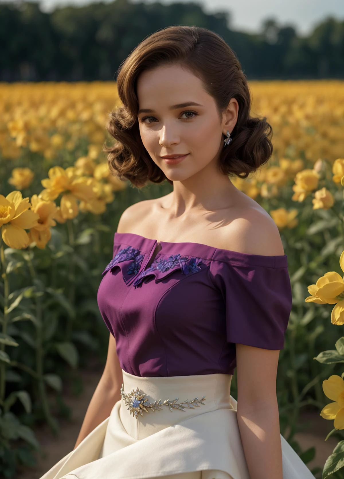 <lora:backtothefuture_lorraine_lora_smf_01:0.8> bttflorraine-smf,, (32K resolution, masterpiece, ultra high quality, best quality, ultra high definition, perfect anatomy, Incredibly detailed, RAW, ultra super realistic, photorealistic, cinematic lighting, exquisitely detailed, extremely intricate, 8k UHD, high resolution), (1girl), cropped off-shoulder tank top, skirt, elegant hair, standing in the middle of a flower field, seductive smile, dynamic vivid colors