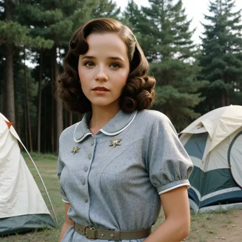 <lora:backtothefuture_lorraine_lora_smf_01:0.8> bttflorraine-smf,, beautiful girl, Kooky portraits of 2000's, typical 2000's clothing style, photography, in a camping, realistic