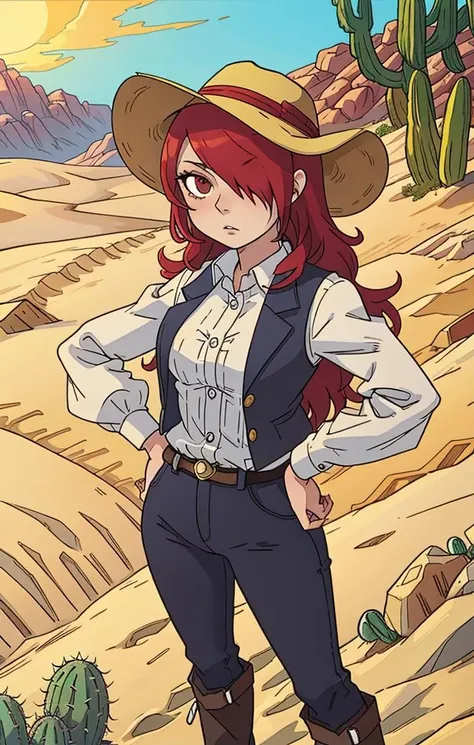 <lora:MitsuruKirijoPersona4:1> anime illustration, soft lighting, scenic background, mitsuru kirijo [persona], desert, cactus, sand dunes, dust tornado, cowboy hat, vest, button up shirt, boots, red hair over one eye, focused expression, mature female, hand on hip