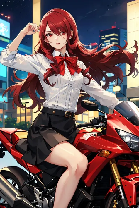 <lora:MitsuruKirijoPersona4:1> Mitsuru Kirijo (Persona) Kirijou Mitsuru (Persona), gekkoukan high school uniform, white button up shirt, black skirt, chest bow, hair over on eye
masterpiece, best quality, absurdres, night, city, riding motorbike