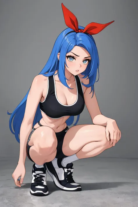 masterpiece, best quality, 1girl, solo, <lora:minah-chaesu-richy-v1:1> minah, standing, parted lips, blue hair ribbon, sportswears, sports bra, sneakers, dynamic pose, squatting