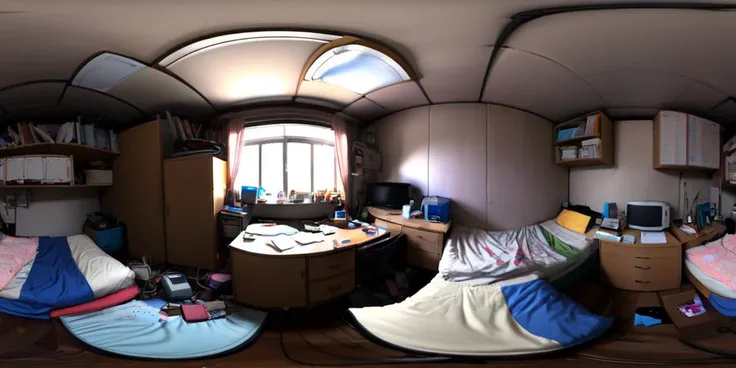 hdri-360, small bedroom with cluttered bed and messy computer desk, anime style <lora:HDRI_-_360_Degree_Skybox_Creator_for_SDXL:1>