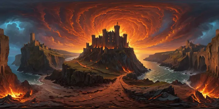 acrylic painting of, wide shot, a ruined castle at the edge of a cliff, backround is a swirling inferno, intricate detail, intense colours, scary atmosphere, classic fantasy novel cover style, hdri-360, <lora:HDRI_-_360_Degree_Skybox_Creator_for_SDXL:1>