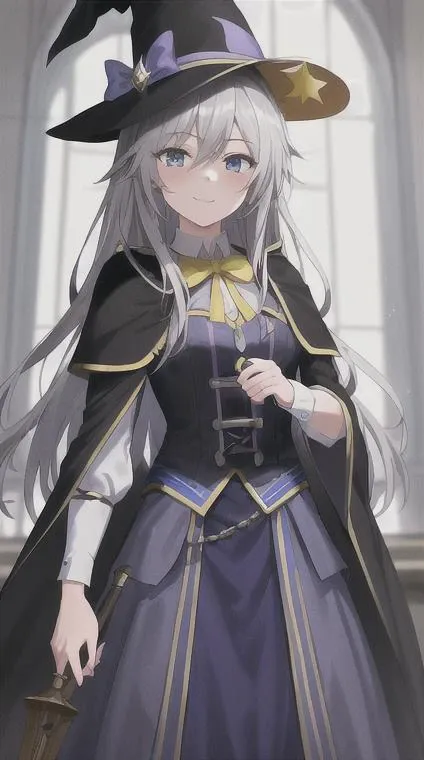 elaina_\(majo_no_tabitabi\), <lora:Elaina:1>, masterful, masterpiece, 4k,
1girl, feminine, beautiful, grey hair, big magical hat + black on the top and purple on the inside, blue eyes, white shirt, yellow ribbon, black robe,
background medieval Europe, magical girl, kawaii, looking at viewer, slight smile,