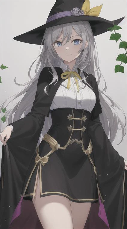 elaina_\(majo_no_tabitabi\), <lora:Elaina:1>, masterful, masterpiece,
1girl, feminine, beautiful, 4k, grey hair, big magical hat + black on the top and purple on the inside, Ivy style black robe, blue eyes, white shirt, yellow ribbon,
background medieval Europe, magical girl, kawaii, looking at viewer, slight smile,