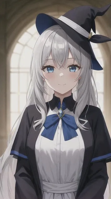 elaina_\(majo_no_tabitabi\), <lora:Elaina:1>, masterful, masterpiece, 4k,
1girl, feminine, beautiful, grey hair, big magical hat + black on the top and purple on the inside, blue eyes, white shirt, yellow ribbon, black robe,
background medieval Europe, magical girl, kawaii, looking at viewer, slight smile,