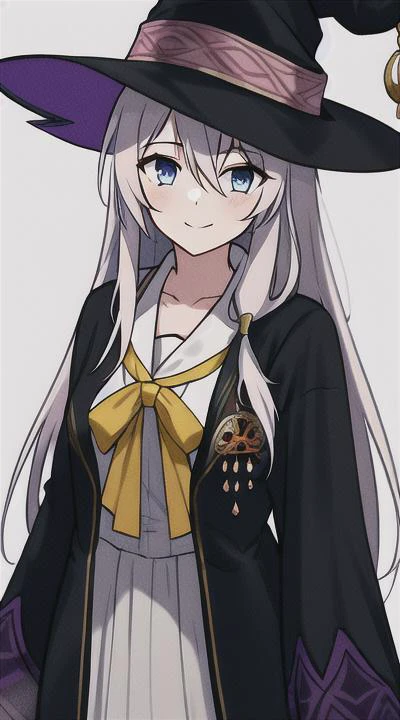 elaina_\(majo_no_tabitabi\), <lora:elainaMajoNoTabitabi_v1:0.98>, masterful, masterpiece, 4k,
1girl, feminine, beautiful, a-cup, grey hair, big magical hat + black on the top and purple on the inside, blue eyes, white shirt, yellow ribbon, black robe,
background medieval Europe, magical girl, kawaii, looking at viewer, slight smile,