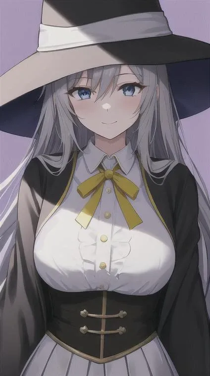 elaina_\(majo_no_tabitabi\), <lora:Elaina:1>, masterful, masterpiece, 4k,
1girl, feminine, beautiful, grey hair, big magical hat + black on the top and purple on the inside, blue eyes, white shirt, yellow ribbon, black robe,
background medieval Europe, magical girl, kawaii, looking at viewer, slight smile,