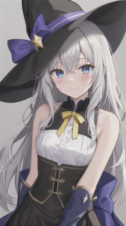 elaina_\(majo_no_tabitabi\), <lora:Elaina:1>, masterful, masterpiece, 4k,
1girl, feminine, beautiful, grey hair, big magical hat + black on the top and purple on the inside, blue eyes, white shirt, yellow ribbon, black robe, 
background medieval Europe, magical girl, kawaii, looking at viewer, slight smile,