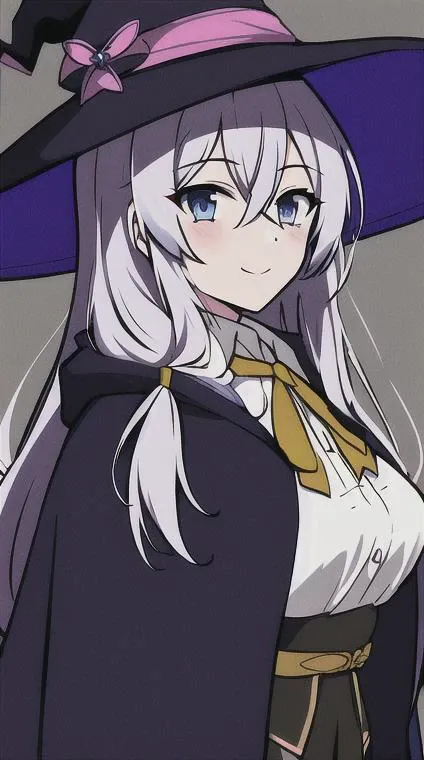 elaina_\(majo_no_tabitabi\), <lora:elainaMajoNoTabitabi_v1:0.95>, masterful, masterpiece, 4k,
1girl, feminine, beautiful, a-cup, grey hair, big magical hat + black on the top and purple on the inside, blue eyes, white shirt, yellow ribbon, black robe,
background medieval Europe, magical girl, kawaii, looking at viewer, slight smile,