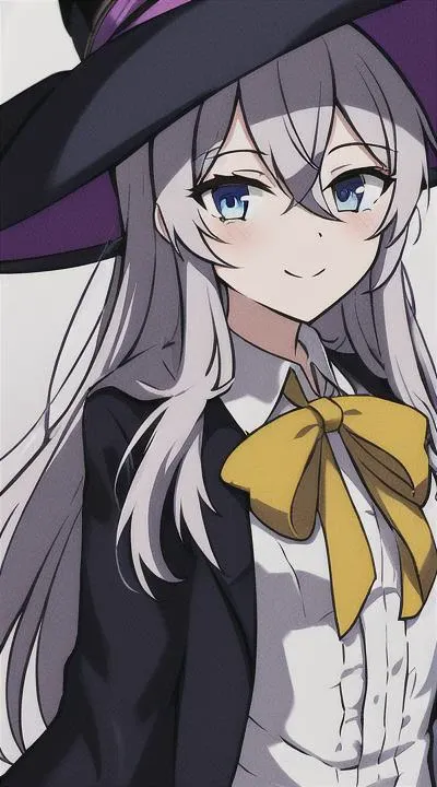 elaina_\(majo_no_tabitabi\), <lora:elainaMajoNoTabitabi_v1:0.98>, masterful, masterpiece, 4k,
1girl, feminine, a-cup, beautiful, grey hair, big magical hat + black on the top and purple on the inside, blue eyes, white shirt, yellow ribbon, black robe,
background medieval Europe, magical girl, kawaii, looking at viewer, slight smile,